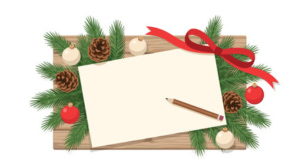 Festive holiday blank card with evergreen sprigs and pine cones
