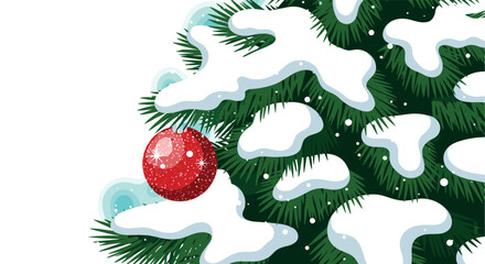 Snowcovered evergreen branch with festive red ornament for winter celebrations
