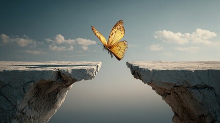 Butterfly bridging two cliffs, symbolizing opportunity, migration, hope, and transition with 3D elements.