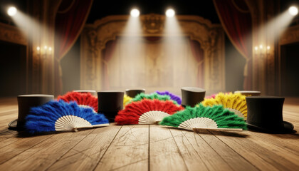 Colorful feather fans and top hats adorn the theater stage, red curtains drape down, spotlights flicker. Symbolizing the concepts of performance, nightclubs, entertainment, and the performing arts.