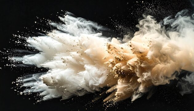 A swirling explosion of white and beige powder against a black background - Powered by Adobe