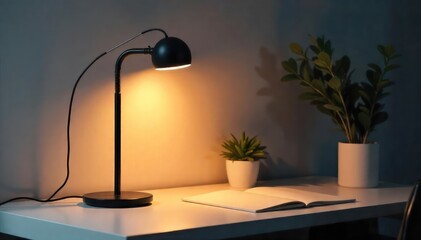 A sleek, modern table lamp illuminates a minimalist desk setup, casting a warm, inviting glow Perfect for home office, bedroom, or living room design inspiration , lighting, bright, warm light