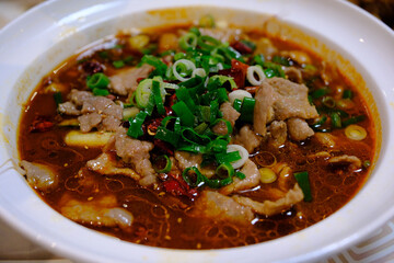 Close up Szechuan boiled meat slices (Shuizhu Rou Pian), spicy food