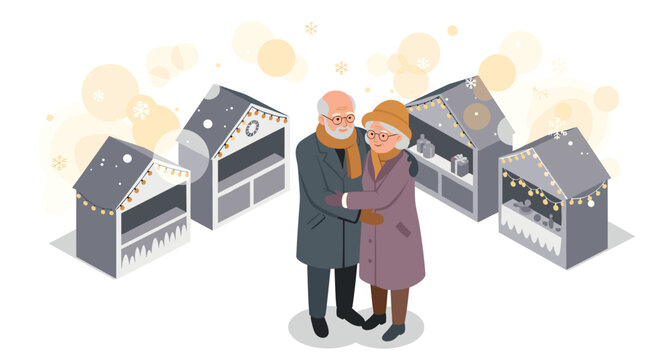 Elderly couple enjoying winter market surrounded by festive stalls and snowflakes - Powered by Adobe