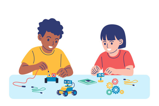 Diverse children working together to build and program small robots