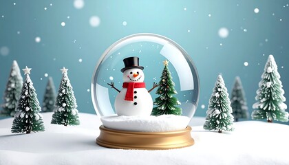 Snowman in a snow globe, with green trees, winter scene, against light blue snowy background, on a white snowy surface