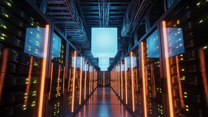 A futuristic server room filled with glowing technology and data processing units - Powered by Adobe