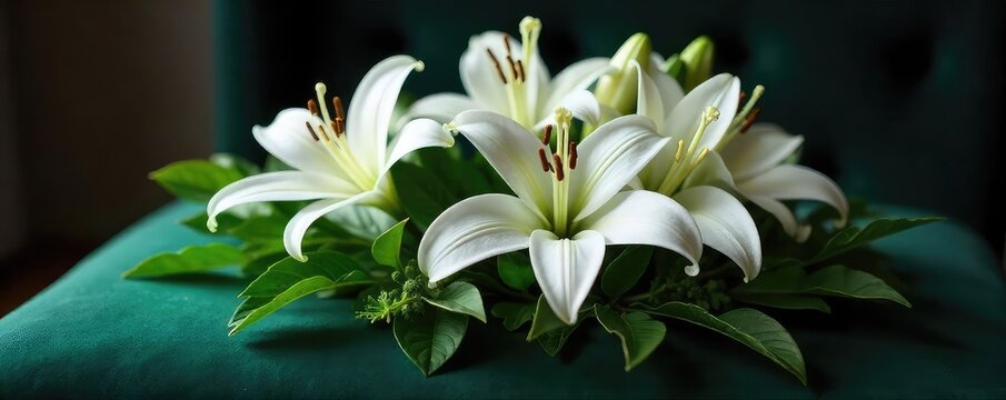 A somber, elegant funeral wreath crafted with white lilies and dark green foliage, resting on a velvet cushion Perfect for sympathy, remembrance, and loss themes , death, sympathy