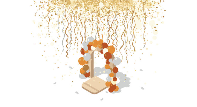 Elegant celebration backdrop with golden confetti and balloon arch in isometric design