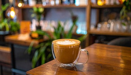 Realistic cozy scene of a cappuccino served in a clear glass cup, with frothy milk 