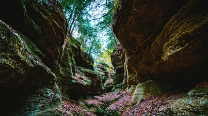Rocky canyon with lush green trees, moss-covered cliffs, fallen leaves on the ground, narrow passageway, low-angle view