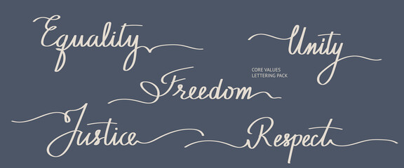 Core Values Calligraphy Words Set. Equality, Freedom, Justice, Respect, Unity
