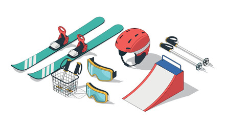 Winter sports equipment collection skiing gear with helmet, goggles, and jump ramp in isometric style