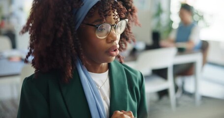 Creative, woman and breath with computer in office to start day, productivity and proofreading. Person, glasses and stretching with pc for stress relief, begin editing and ready for story publication