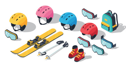 Isometric ski gear set with helmets, skis, goggles, and backpack for winter sports