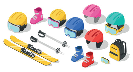 Colorful winter sports equipment collection with helmets and skis