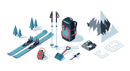 Winter adventure essentials in isometric style featuring ski equipment and mountain gear