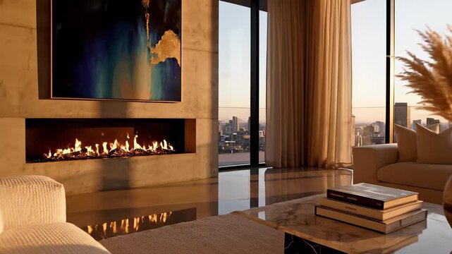 Modern Living Room with Sleek Furniture, City View, and Contemporary Art above Fireplace in 4K UHD captures the essence of contemporary design where functionality meets aesthetic appeal.