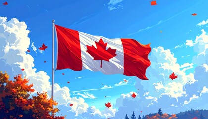 Canadian flag waving in breeze with autumn leaves against a bright blue sky with fluffy clouds, illustration