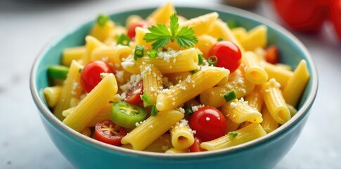 A vibrant bowl of penne pasta salad overflowing with colorful vegetables, cheese, and a creamy dressing Perfect for potlucks, picnics, or a light lunch , garden vegetables, basil, appetizing