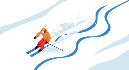 Dynamic winter sports adventure skier on snowy slopes in modern flat design
