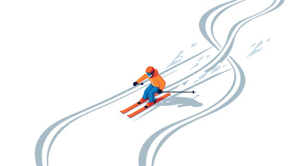 Isometric winter sports adventure skier on pristine snowy terrain