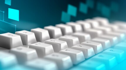 Ergonomic computer keyboard technology device with crisp white keys and dark blue backdrop for digital workspace setup.
