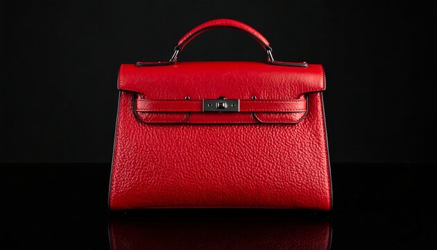 Vivid red textured leather handbag with a top handle and metal clasp, set against a glossy black surface