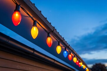 Bright colorful outdoor string lights illuminate twilight sky