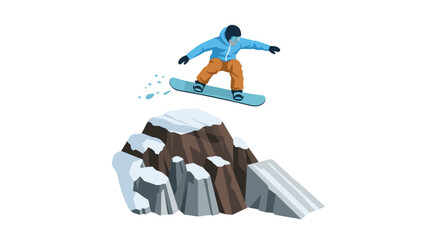 Snowboarder wearing helmet jumps off snowy cliff in dynamic outdoor adventure