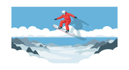 Snowboarder in red soars above snowy mountains in dynamic winter sports scene