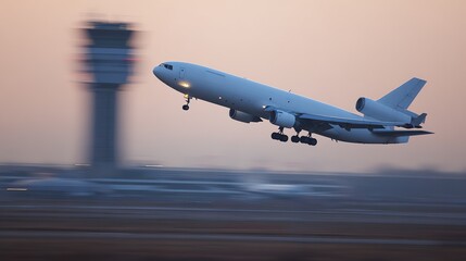Airplane taking off, cargo jet with motion blur, near control tower at dusk, side view, copy space
