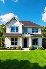Brand new suburban home, vibrant blue sky overhead, lush green lawn Perfect for real estate, home building, or new beginnings imagery Stunning architectural details visible , beautiful, suburban