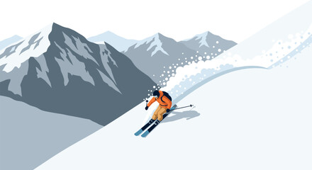 Dynamic skier descending a snowy mountain slope in a minimalist style