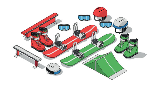 Isometric snowboarding equipment set with snowboards, helmets, and boots