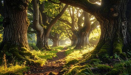 A dirt path winds through a lush forest canopy bathed in golden sunlight, illuminating mossy tree roots and distant foliage
