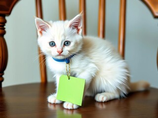 Adorable white kitten with blue neck strap and blank green tag on a wooden table chair, purrfect for pet themes,  white,  domestic animal