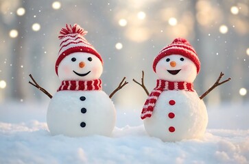 Cheerful snowmen in red hats and scarves enjoying winter snow.