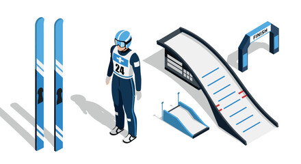 Winter sports equipment and athlete with ski jump ramp in isometric style