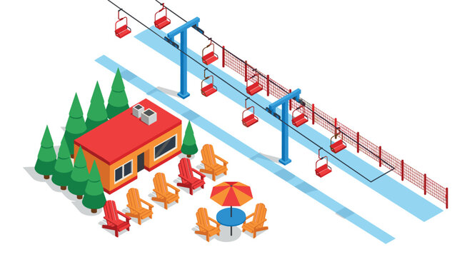 Isometric ski resort with chairlift and cozy cabin in snowy landscape
