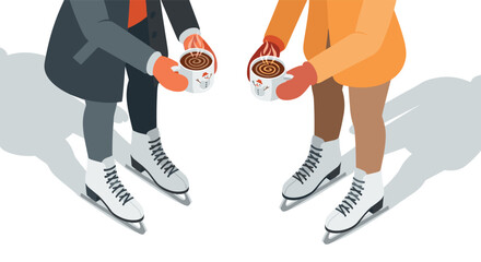 Isometric winter scene with ice skaters holding hot cocoa in cold weather clothing