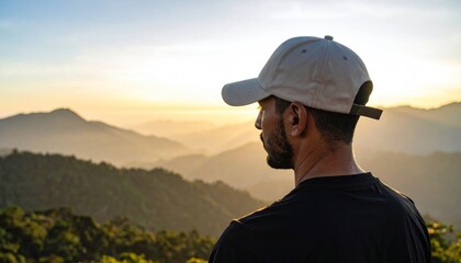 Man enjoying mountain view at sunset Outdoor adventure.