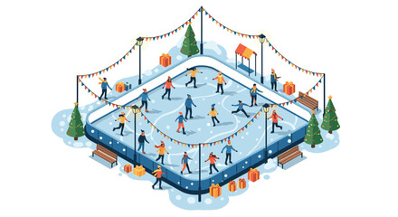 Festive ice skating rink scene with skaters, trees, and decorations