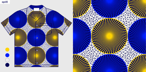 Mockup shirt design with seamless African wax print tribal circle pattern, simple hand drawn ethnic textile art for fabric printing, fashion apparel, and cultural clothing, not AI generated