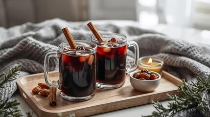 Cozy Scandinavian Glogg in Glass Mugs with Winter Spices on Wooden Tray 