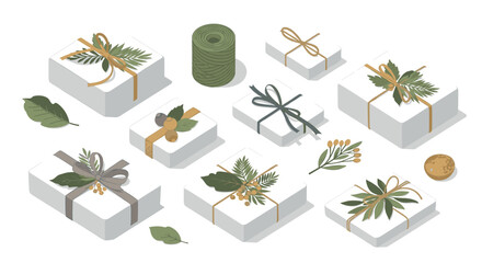 Ecofriendly gift wrapping with natural elements in isometric style