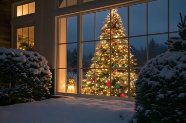 Cozy christmas tree glowing behind snowy window at night scene