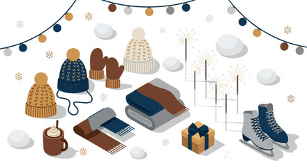 Cozy winter essentials and festive decorations in an isometric design