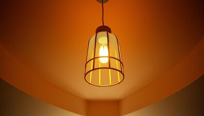 Obraz premium A warm-toned pendant lamp casts a soft glow on a ceiling, pendant light, design