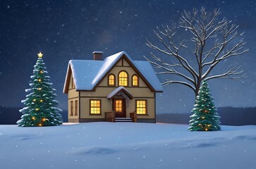 Cozy snow-covered house with festive christmas trees at night